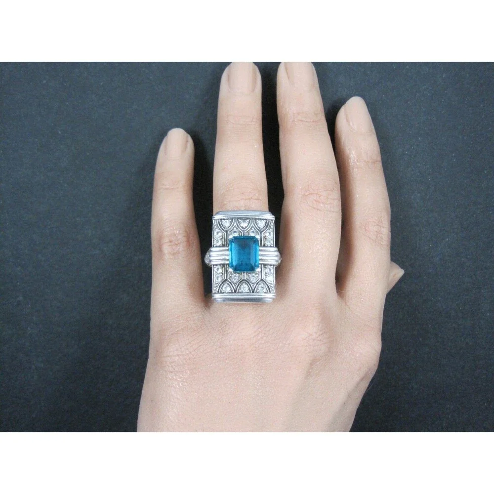 Art Deco Style Sterling Silver Blue & White Topaz Ring Size 6